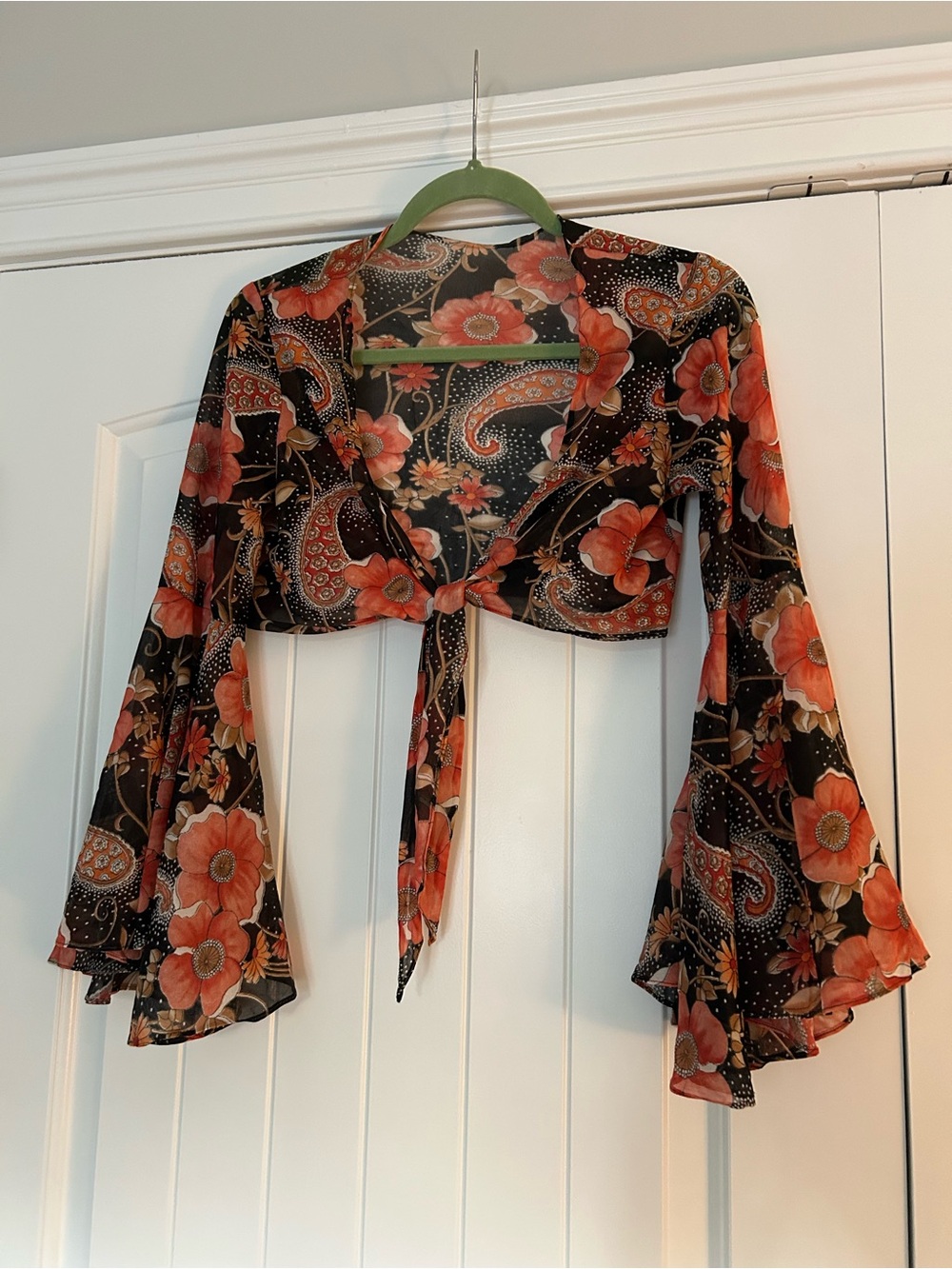Vintage Bell Flutter Sleeve Floral Paisley Tie Blouse 70s - Picture 2 of 4